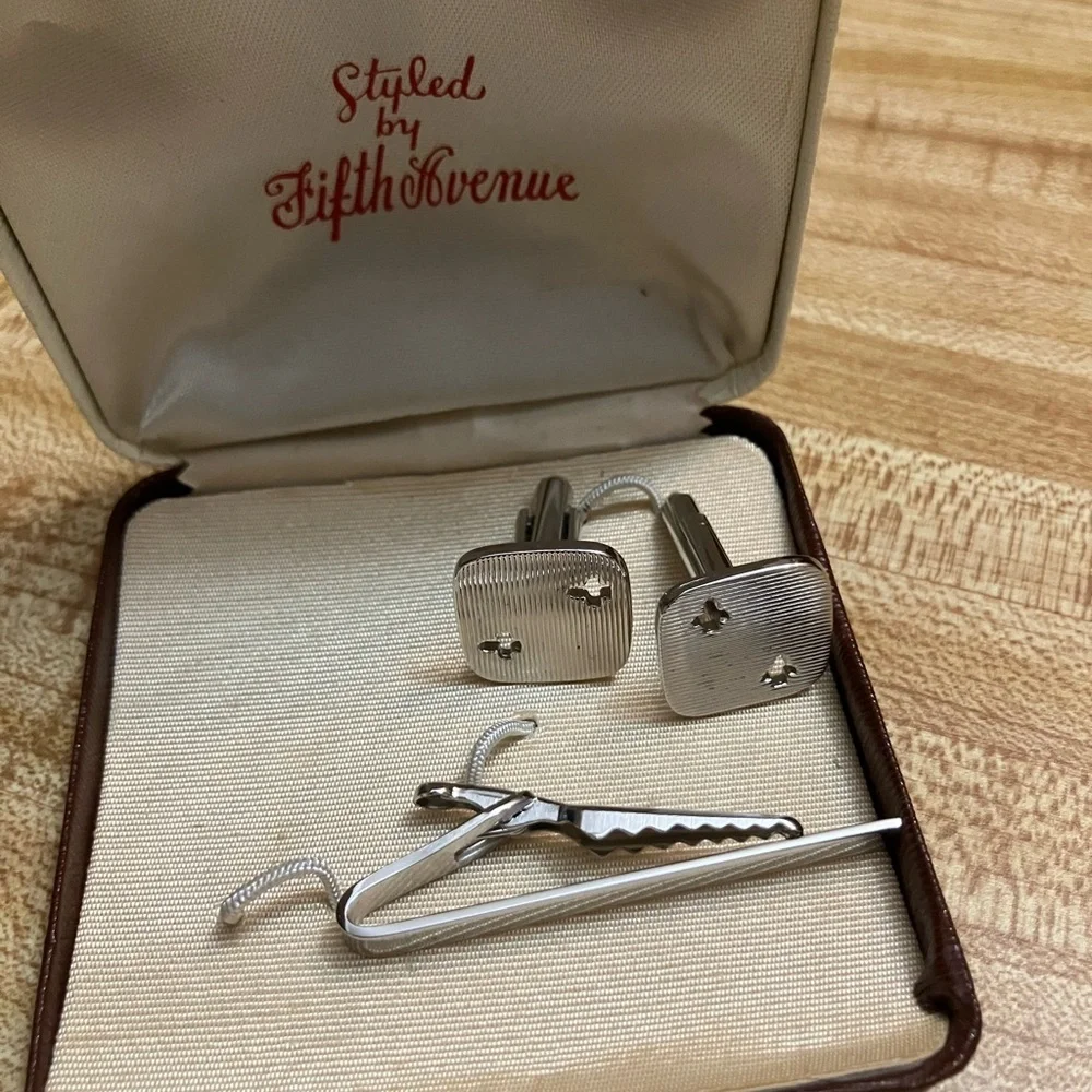 Vintage 1950s Cufflinks & Tie Clip Set Styled by Fifth Avenue w/ Box